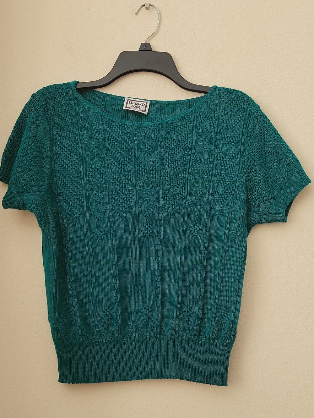 Vintage 80s Keneth Too! Forest/ Emerald Green Pointelle Knit Top Sz M USA EUC